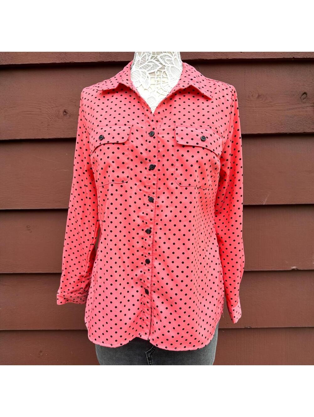 Coral Pink Polka Dot Blouse with Utility Pockets